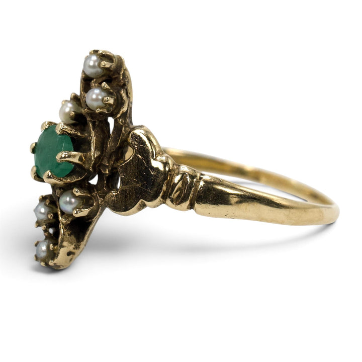 Victorian-Revival Emerald and Seed Pearl Navette Ring in 14K Gold