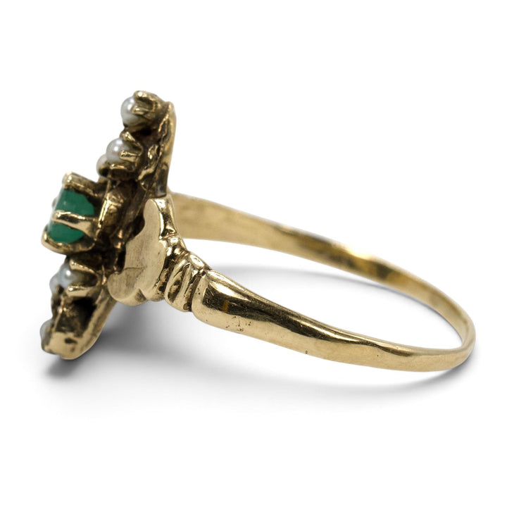 Victorian-Revival Emerald and Seed Pearl Navette Ring in 14K Gold