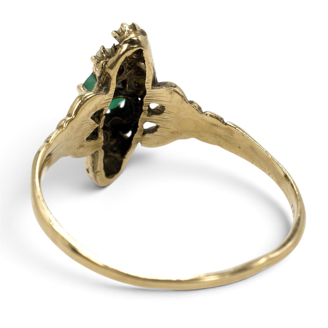 Victorian-Revival Emerald and Seed Pearl Navette Ring in 14K Gold
