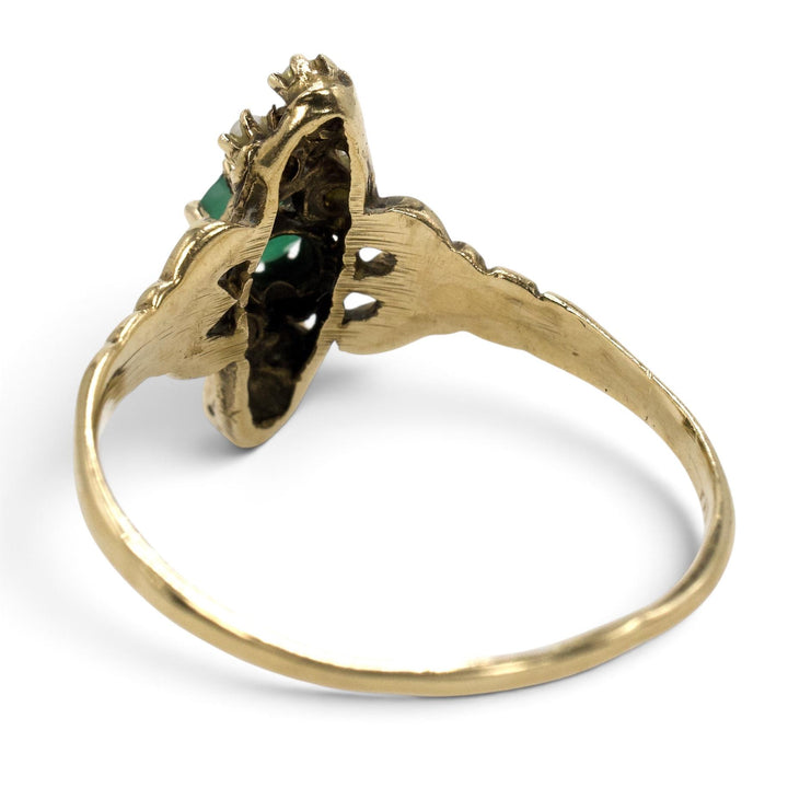 Victorian-Revival Emerald and Seed Pearl Navette Ring in 14K Gold