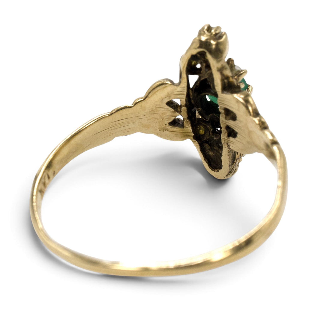 Victorian-Revival Emerald and Seed Pearl Navette Ring in 14K Gold