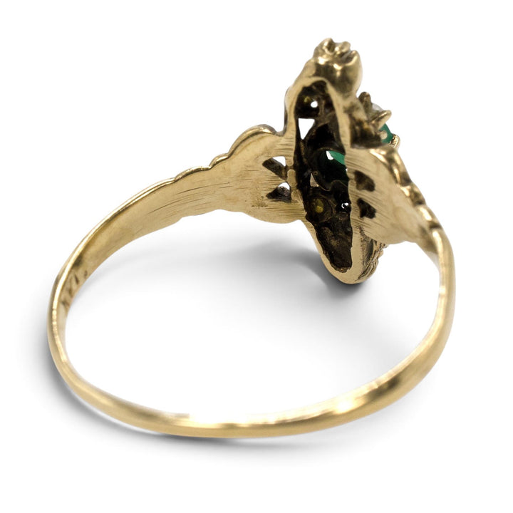 Victorian-Revival Emerald and Seed Pearl Navette Ring in 14K Gold