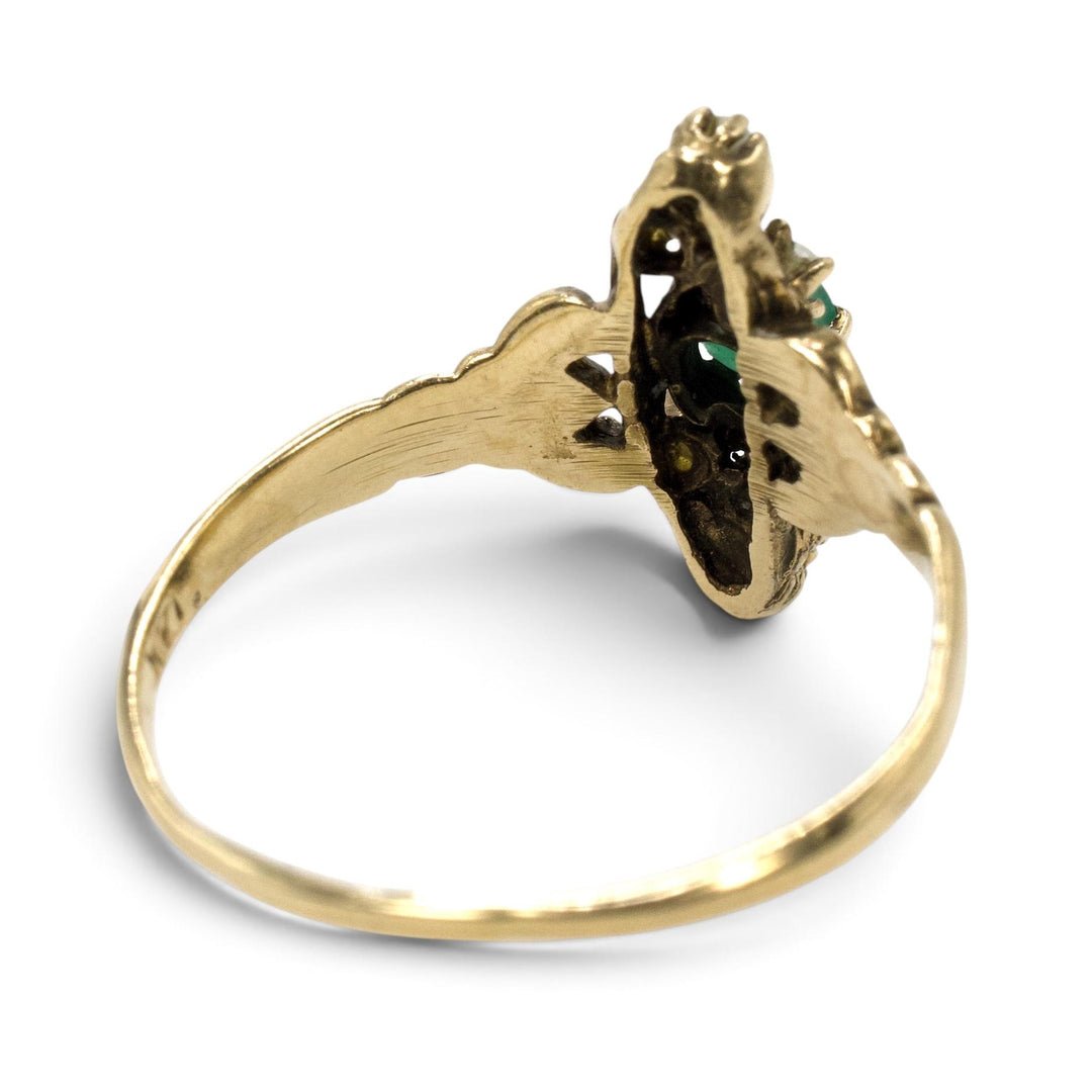 Victorian-Revival Emerald and Seed Pearl Navette Ring in 14K Gold