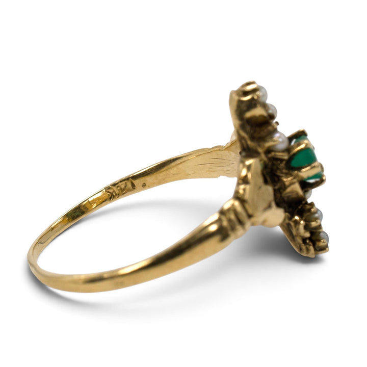 Victorian-Revival Emerald and Seed Pearl Navette Ring in 14K Gold