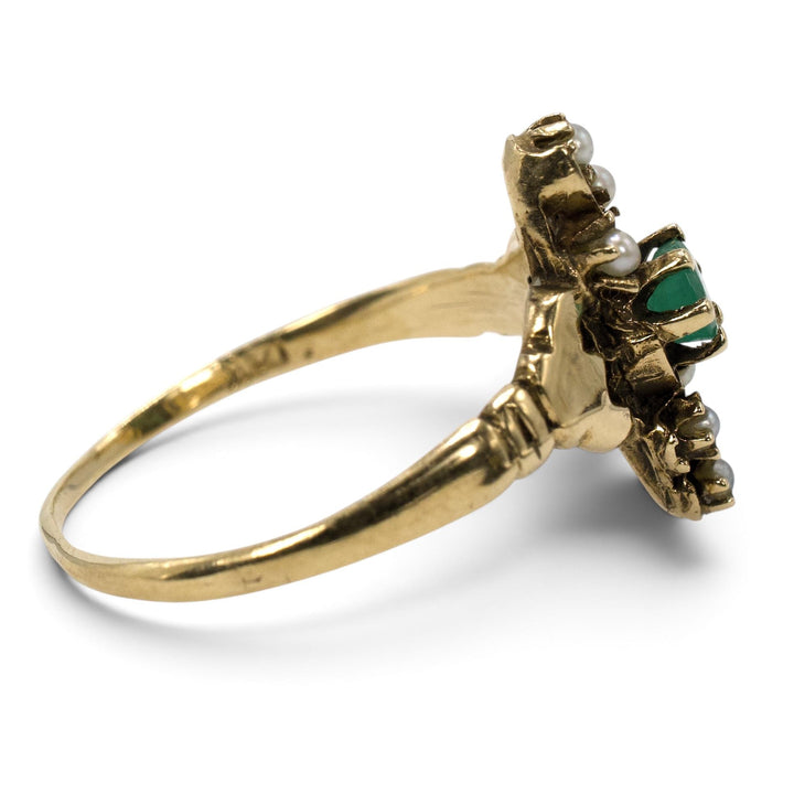 Victorian-Revival Emerald and Seed Pearl Navette Ring in 14K Gold