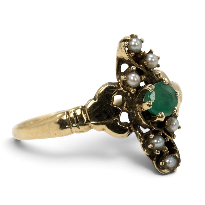 Victorian-Revival Emerald and Seed Pearl Navette Ring in 14K Gold