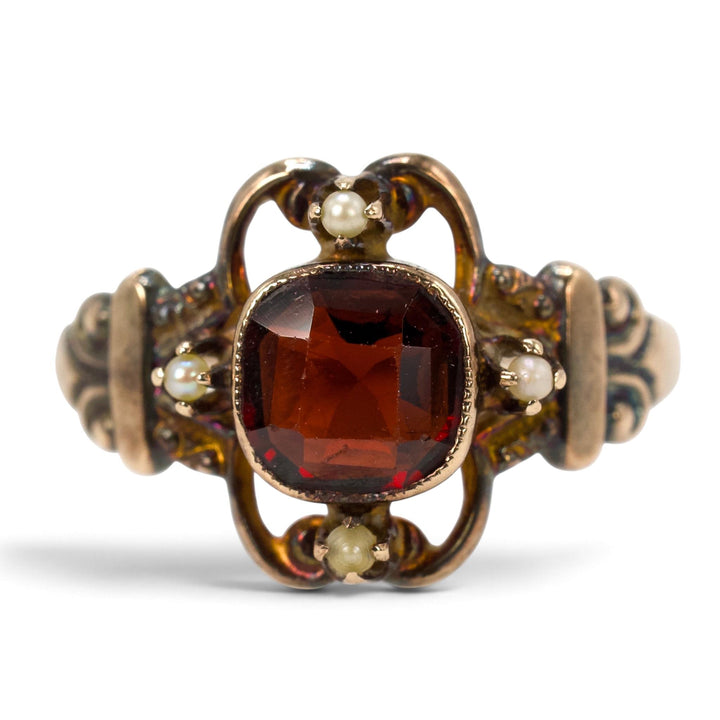 Victorian 10K Almandine Garnet &amp; Seed Pearl Ring by Ostby &amp; Barton