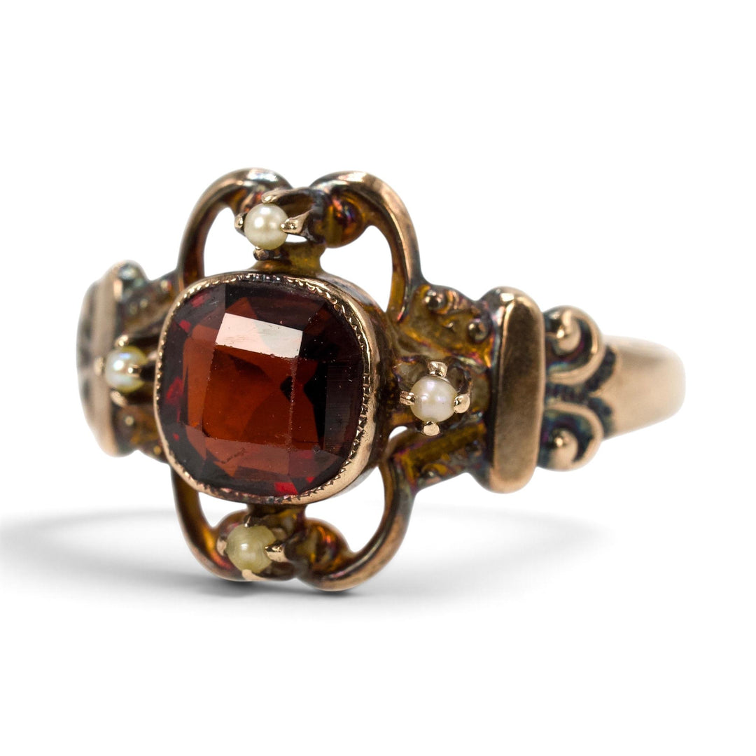 Victorian 10K Almandine Garnet &amp; Seed Pearl Ring by Ostby &amp; Barton