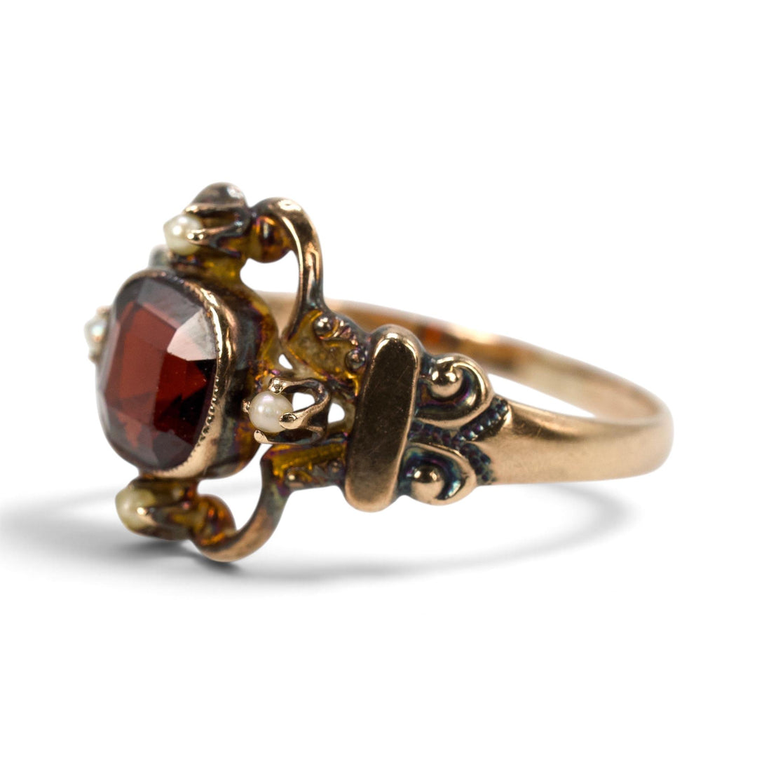 Victorian 10K Almandine Garnet &amp; Seed Pearl Ring by Ostby &amp; Barton