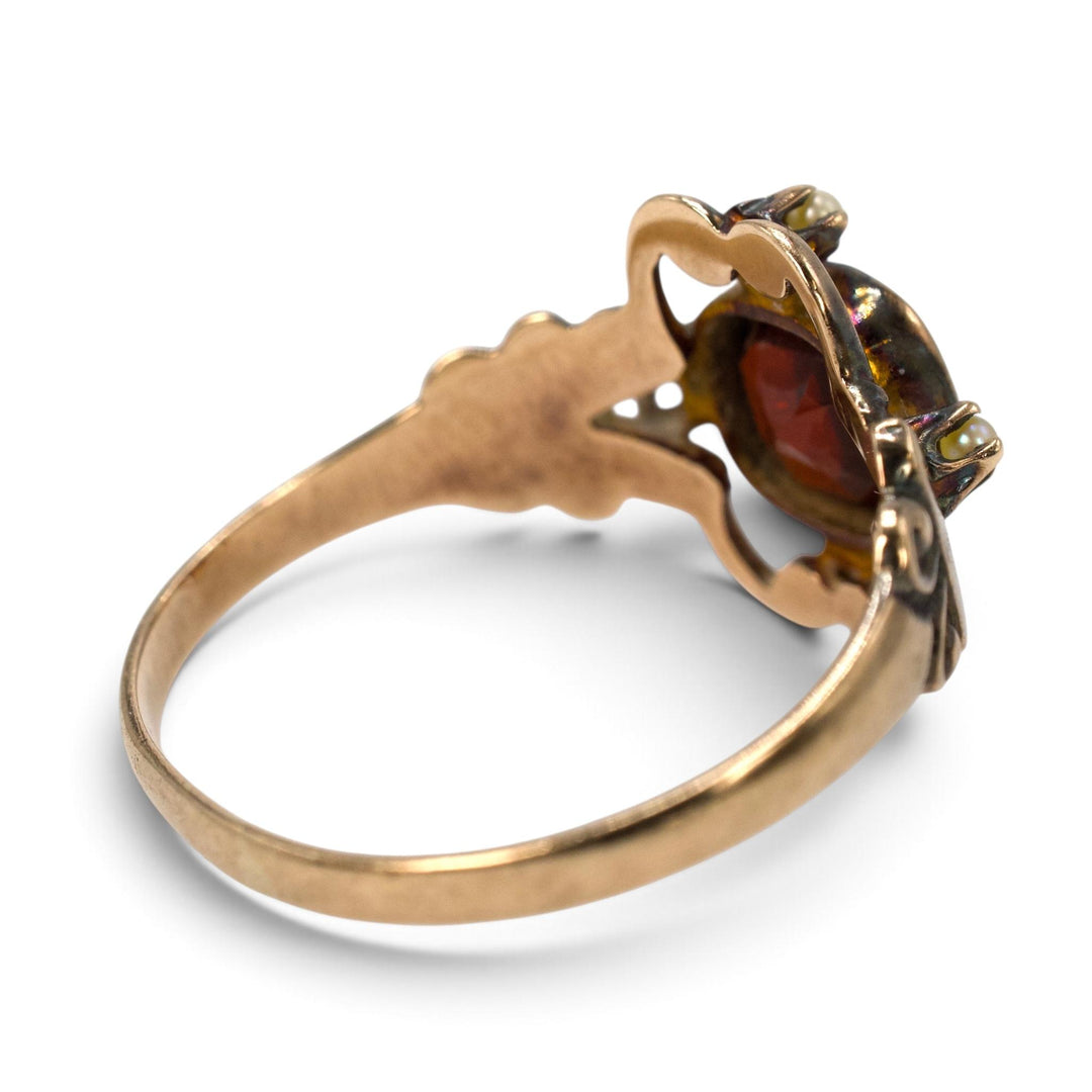Victorian 10K Almandine Garnet &amp; Seed Pearl Ring by Ostby &amp; Barton