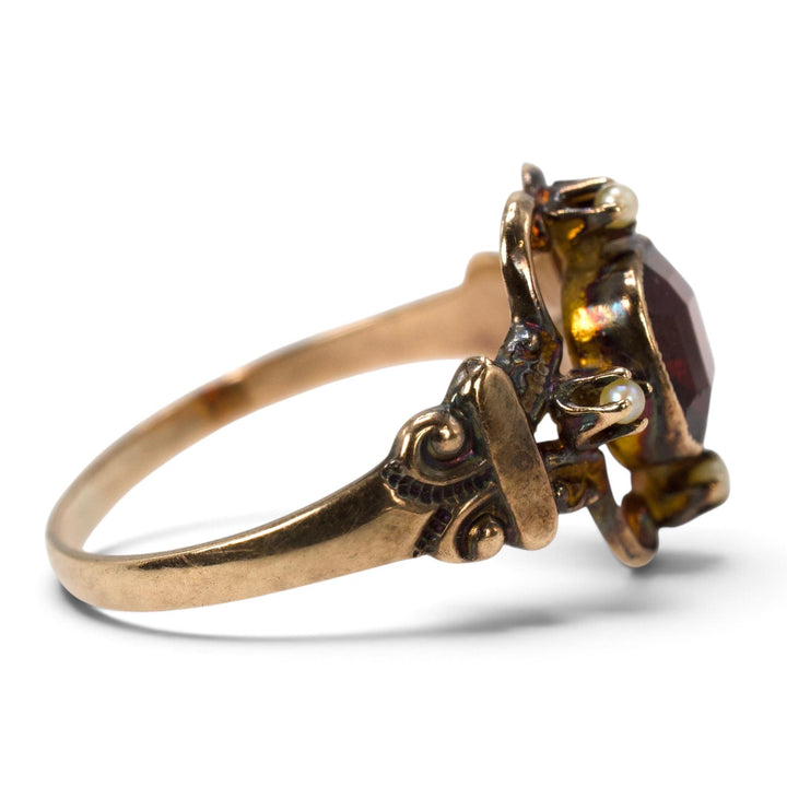 Victorian 10K Almandine Garnet &amp; Seed Pearl Ring by Ostby &amp; Barton