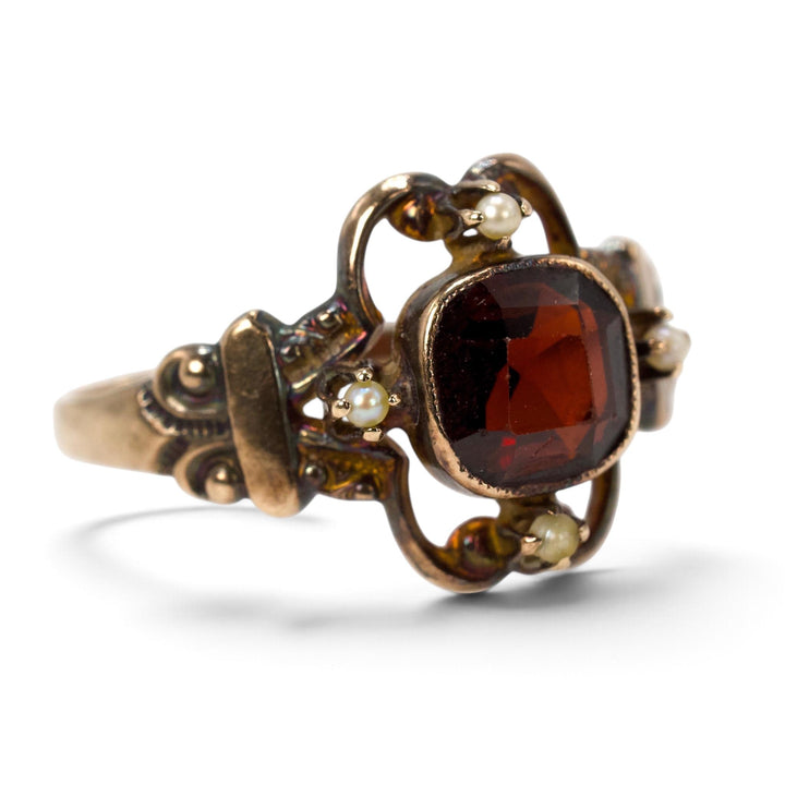 Victorian 10K Almandine Garnet &amp; Seed Pearl Ring by Ostby &amp; Barton