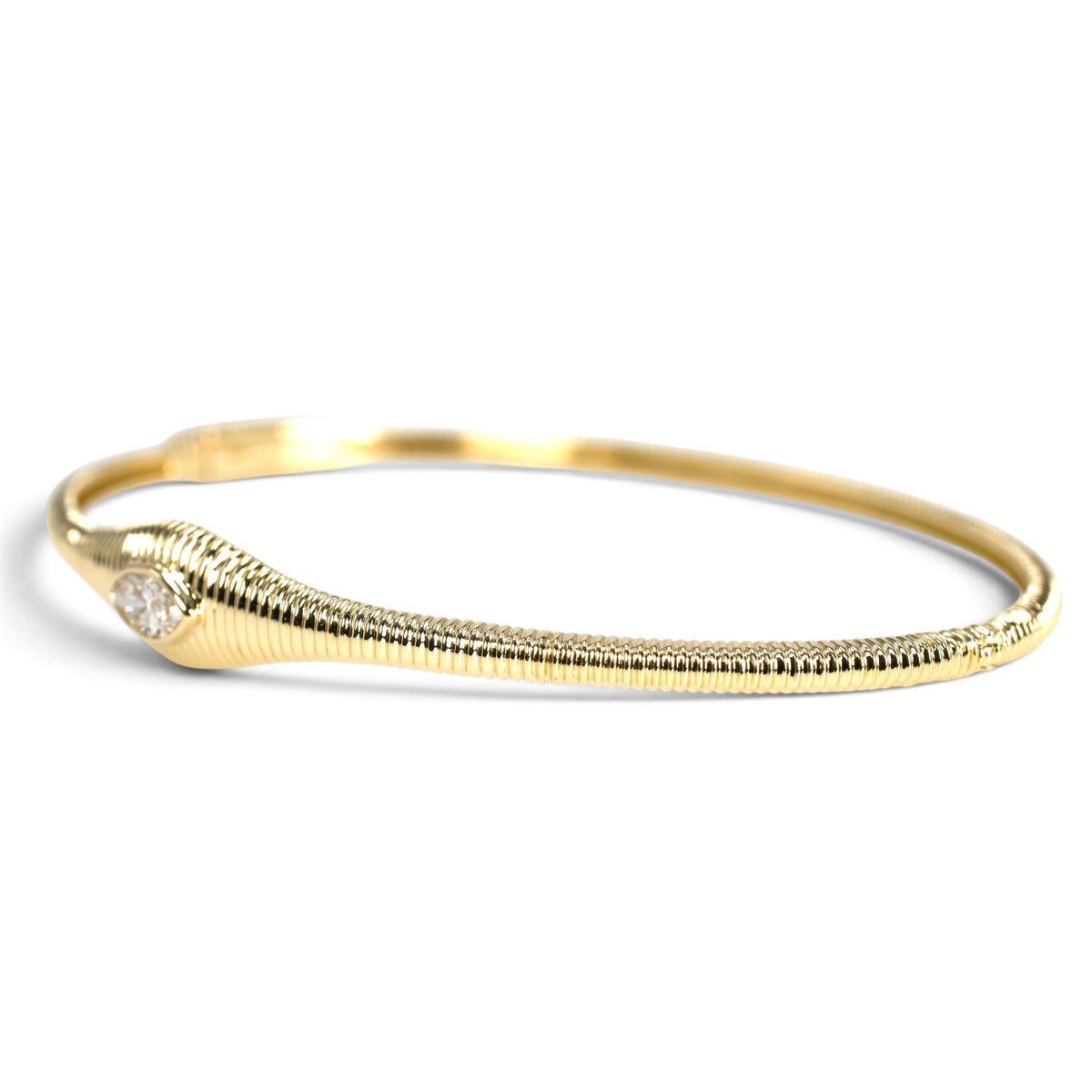 14K Yellow Gold Marquise Diamond Ribbed Hinged Bangle Bracelet