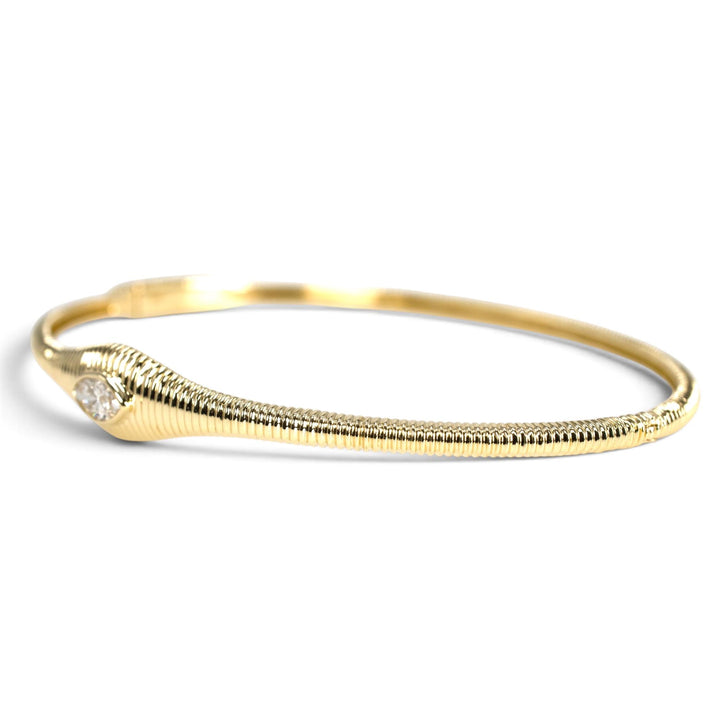 14K Yellow Gold Marquise Diamond Ribbed Hinged Bangle Bracelet