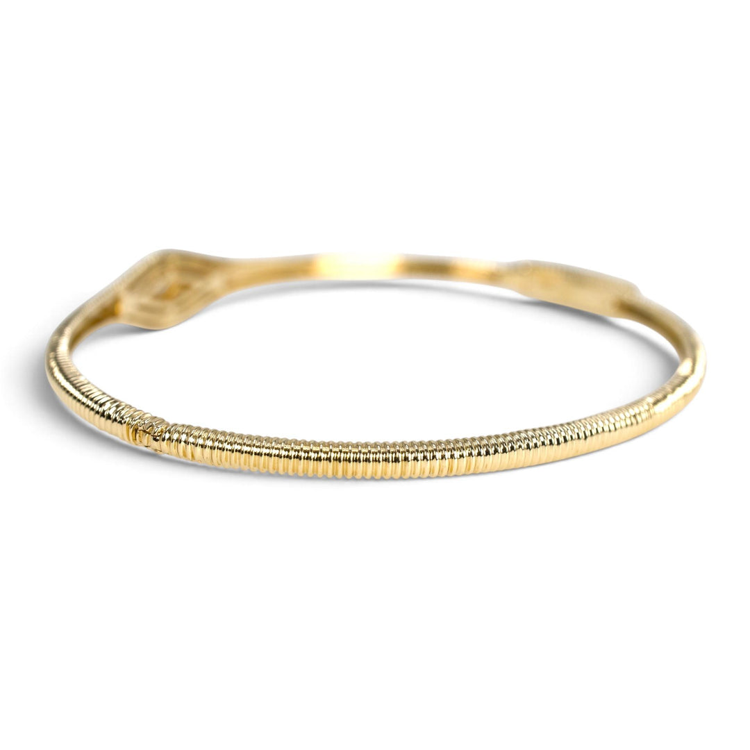 14K Yellow Gold Marquise Diamond Ribbed Hinged Bangle Bracelet