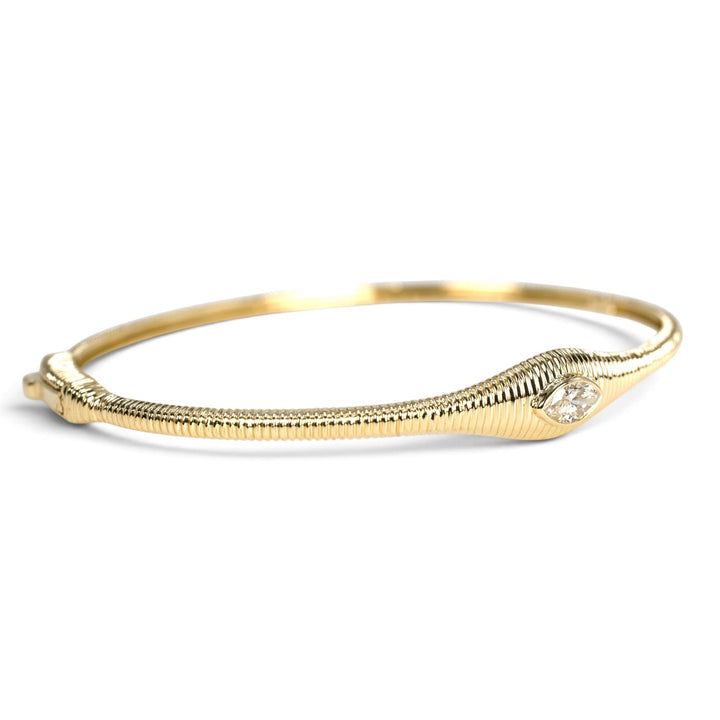 14K Yellow Gold Marquise Diamond Ribbed Hinged Bangle Bracelet