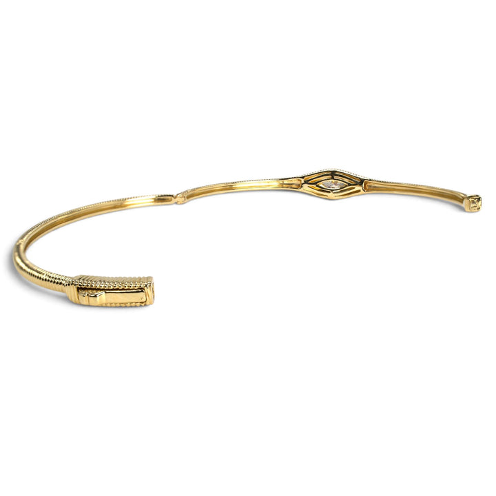 14K Yellow Gold Marquise Diamond Ribbed Hinged Bangle Bracelet