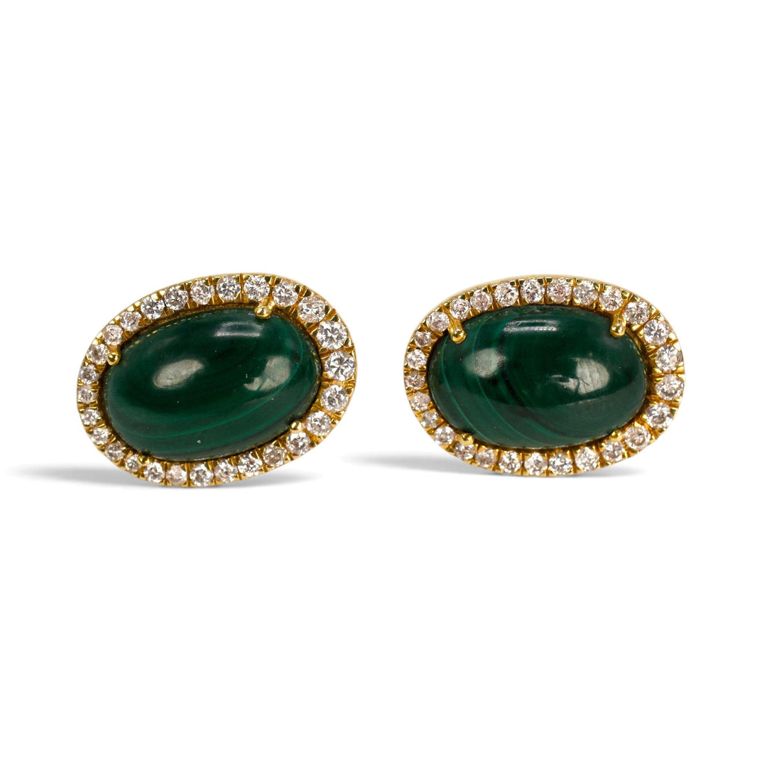 Malachite and Diamond Halo Stud Earrings in 18K Yellow Gold