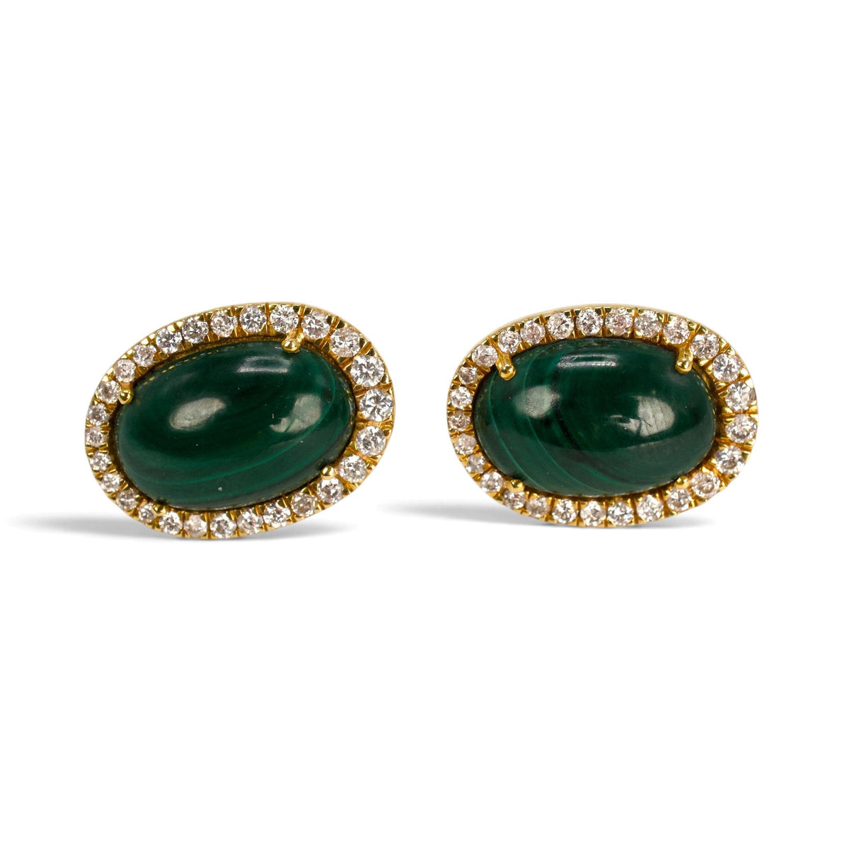 Malachite and Diamond Halo Stud Earrings in 18K Yellow Gold