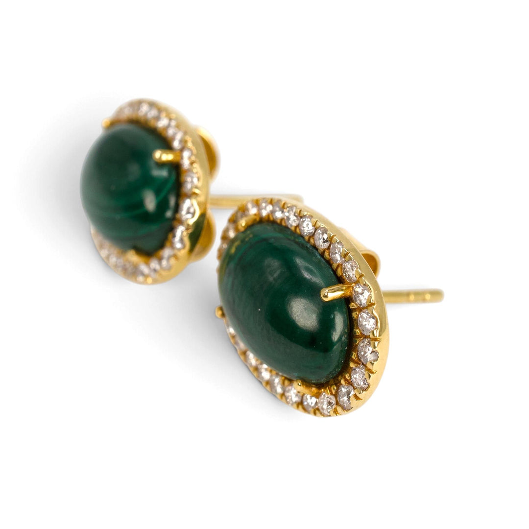 Malachite and Diamond Halo Stud Earrings in 18K Yellow Gold