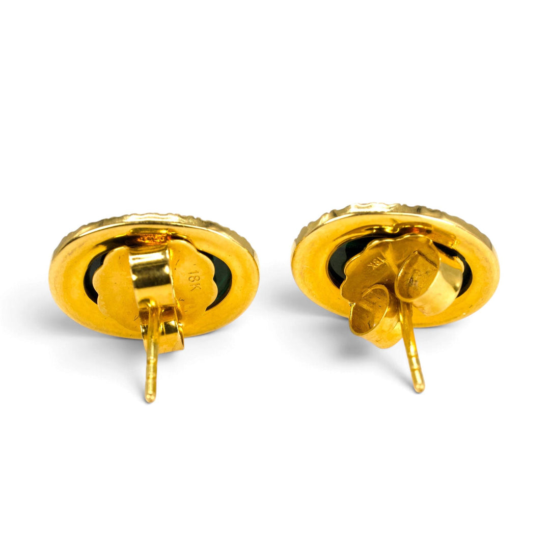 Malachite and Diamond Halo Stud Earrings in 18K Yellow Gold