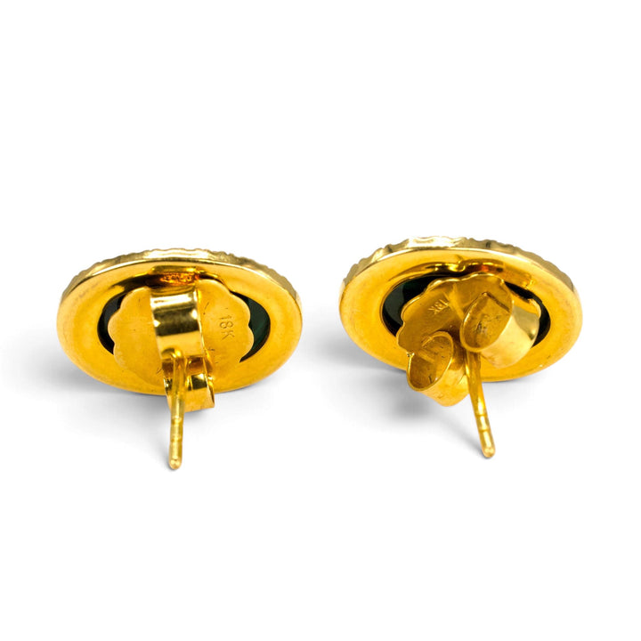 Malachite and Diamond Halo Stud Earrings in 18K Yellow Gold