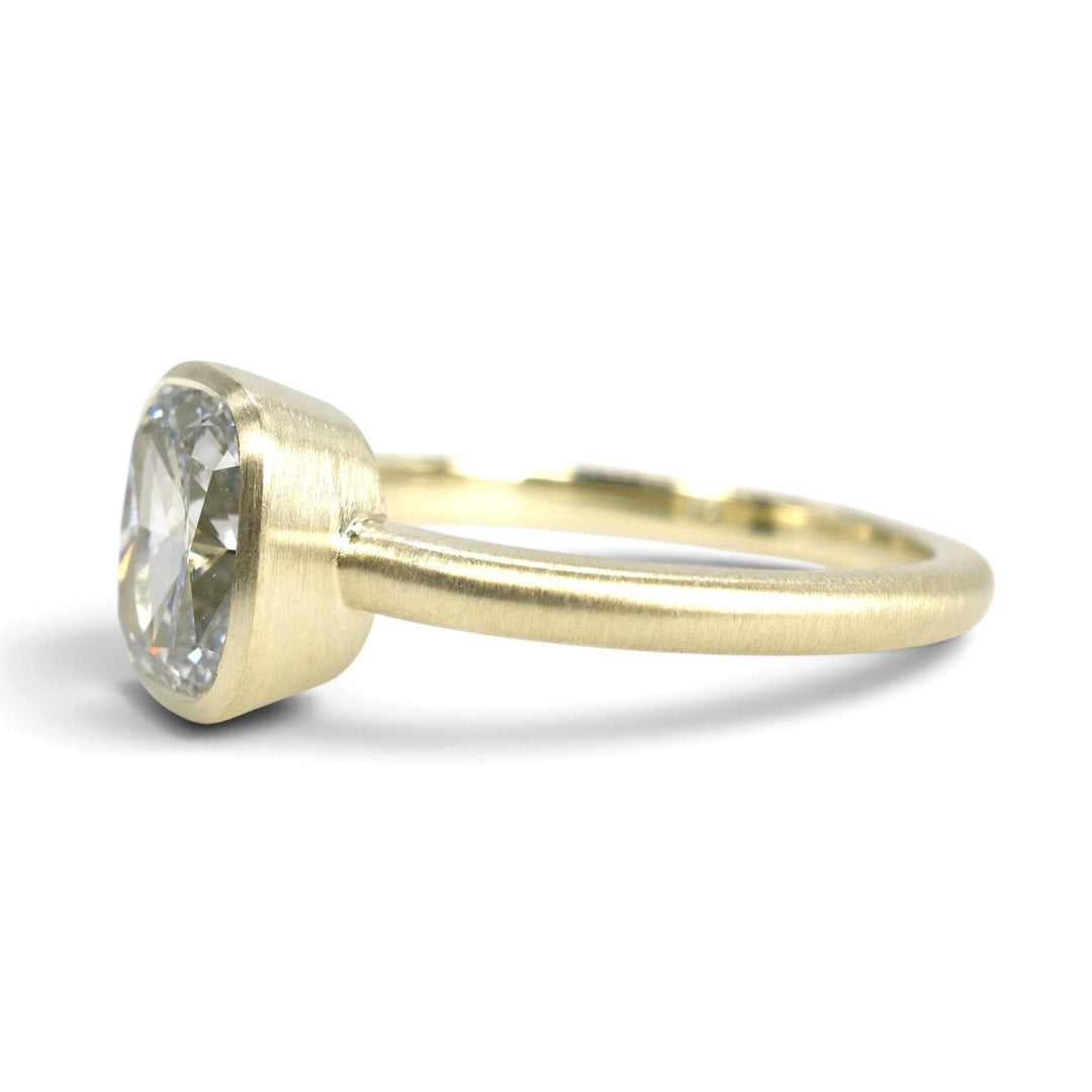 14K Green Gold Bezel Solitaire with 2.02 Ct. Cushion Cut Lab Diamond