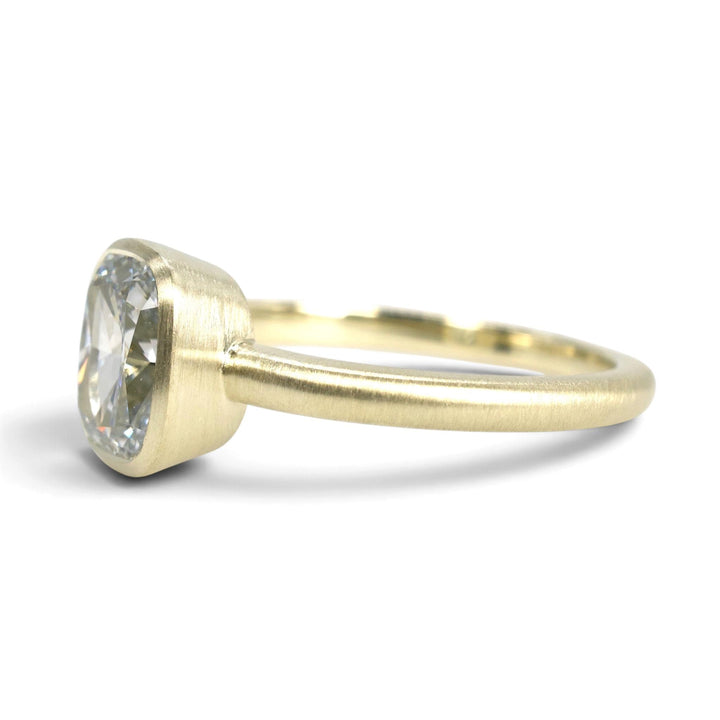 14K Green Gold Bezel Solitaire with 2.02 Ct. Cushion Cut Lab Diamond