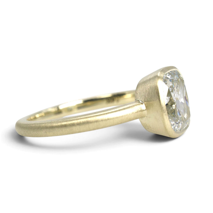 14K Green Gold Bezel Solitaire with 2.02 Ct. Cushion Cut Lab Diamond