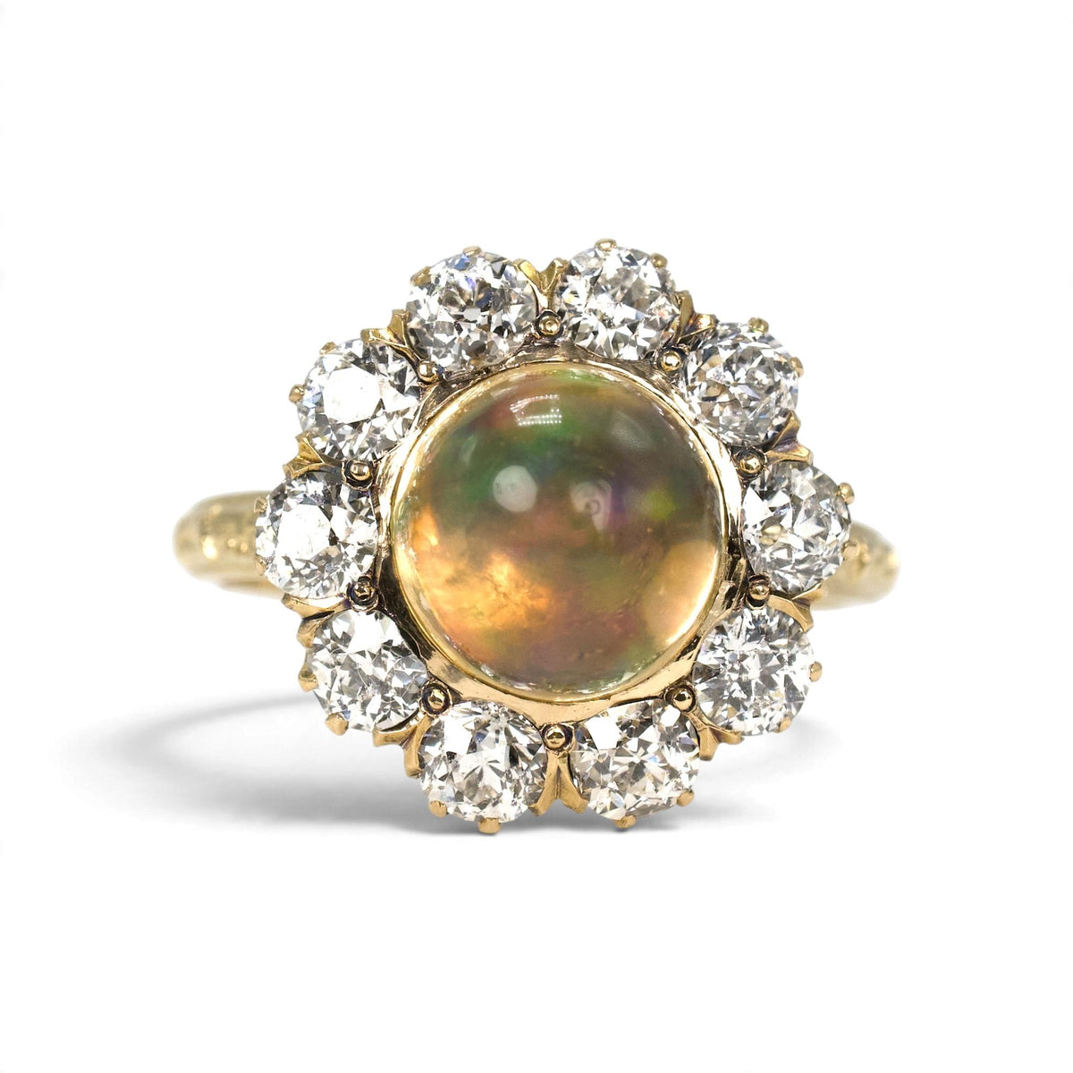 Victorian Jelly Opal and Old Mine Cut Diamond Cluster Ring