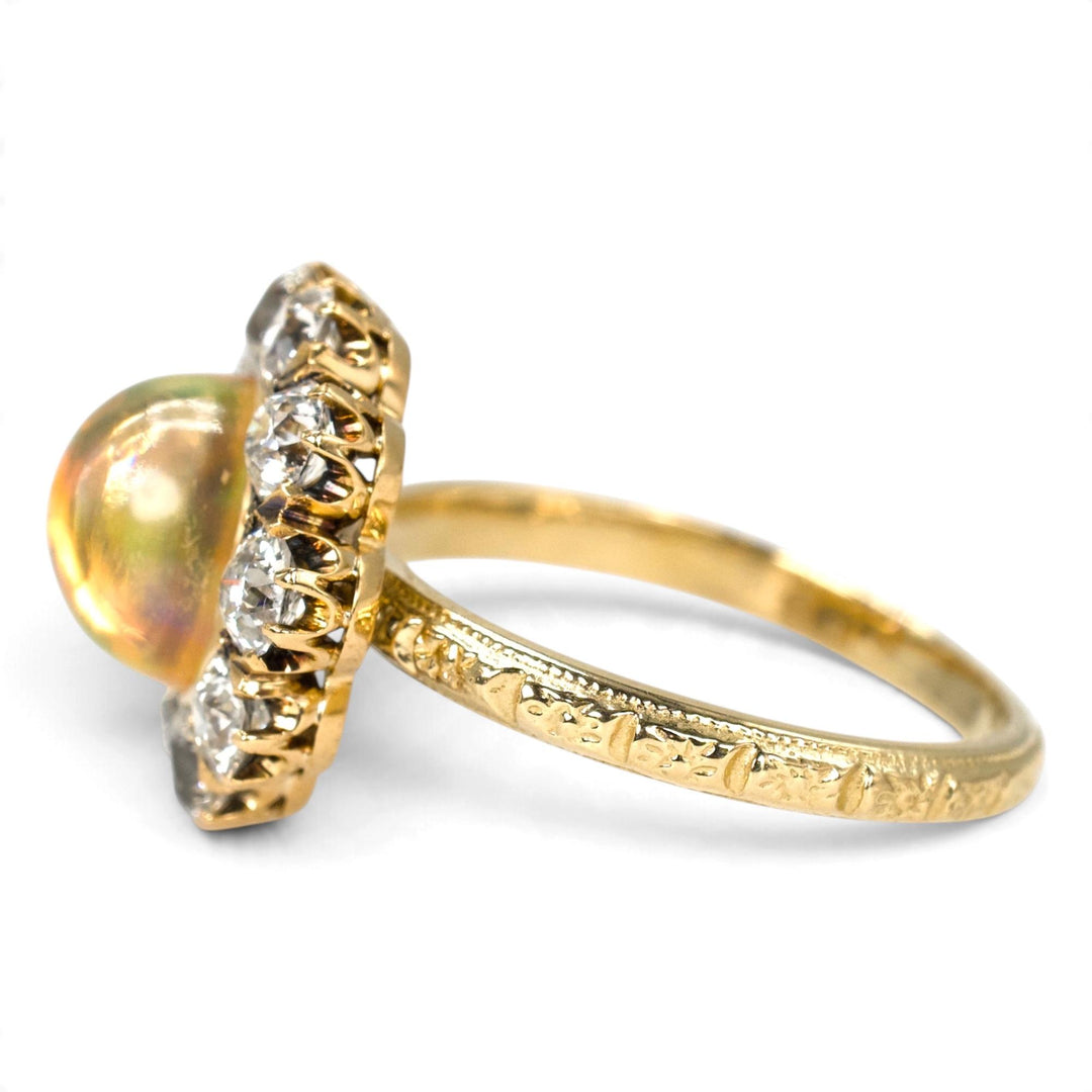 Victorian Jelly Opal and Old Mine Cut Diamond Cluster Ring