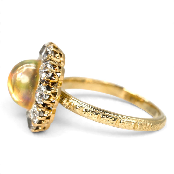 Victorian Jelly Opal and Old Mine Cut Diamond Cluster Ring