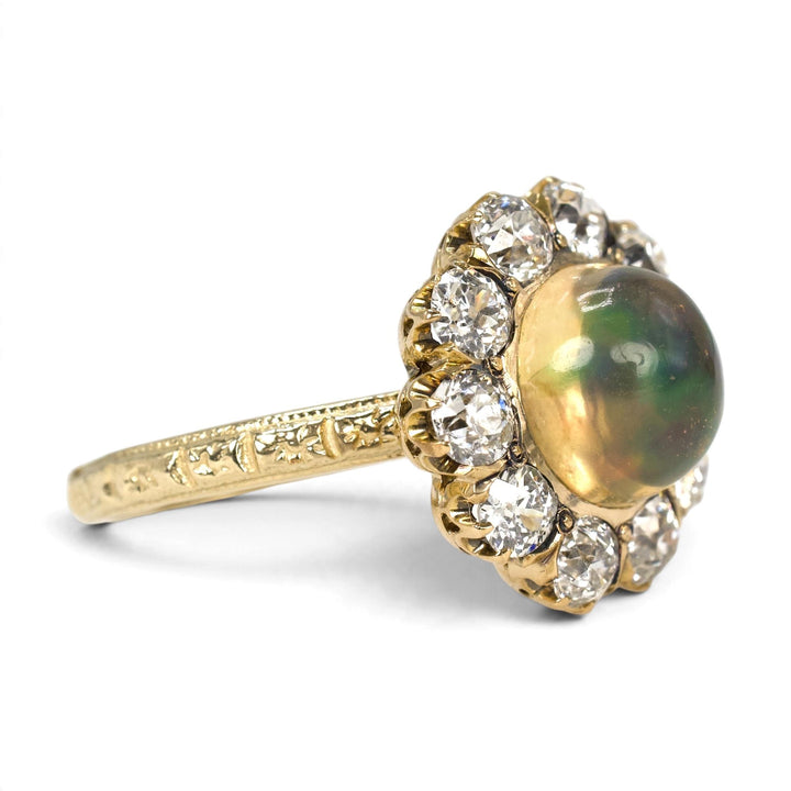 Victorian Jelly Opal and Old Mine Cut Diamond Cluster Ring
