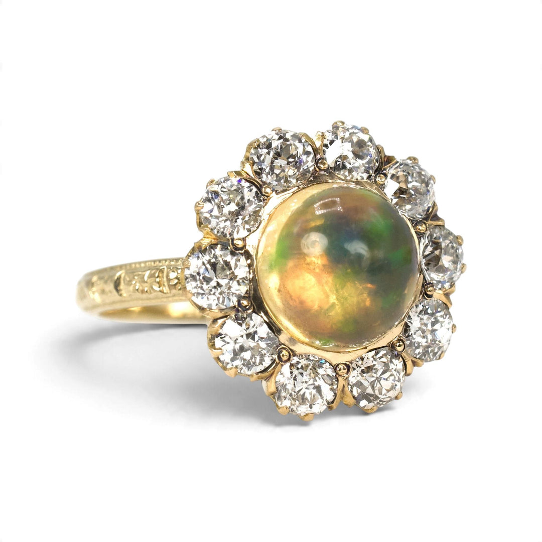Victorian Jelly Opal and Old Mine Cut Diamond Cluster Ring