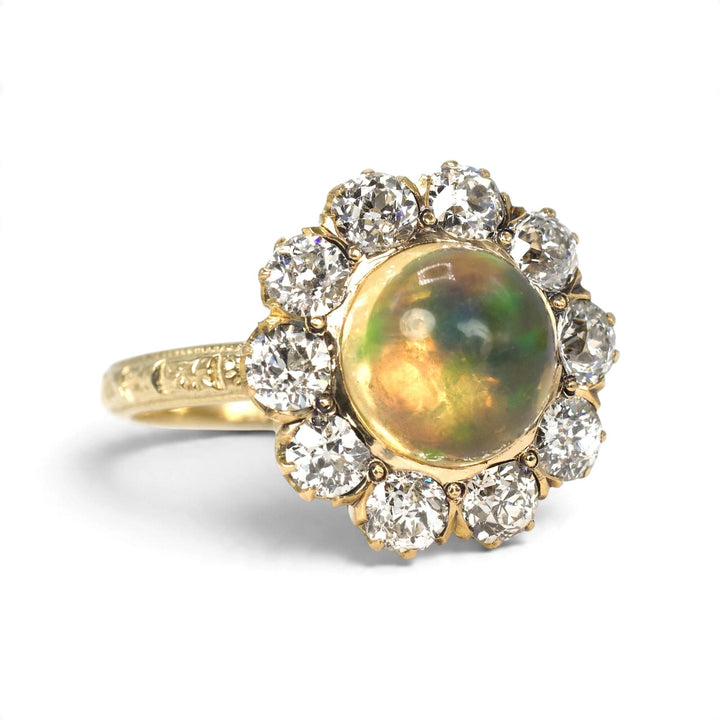 Victorian Jelly Opal and Old Mine Cut Diamond Cluster Ring