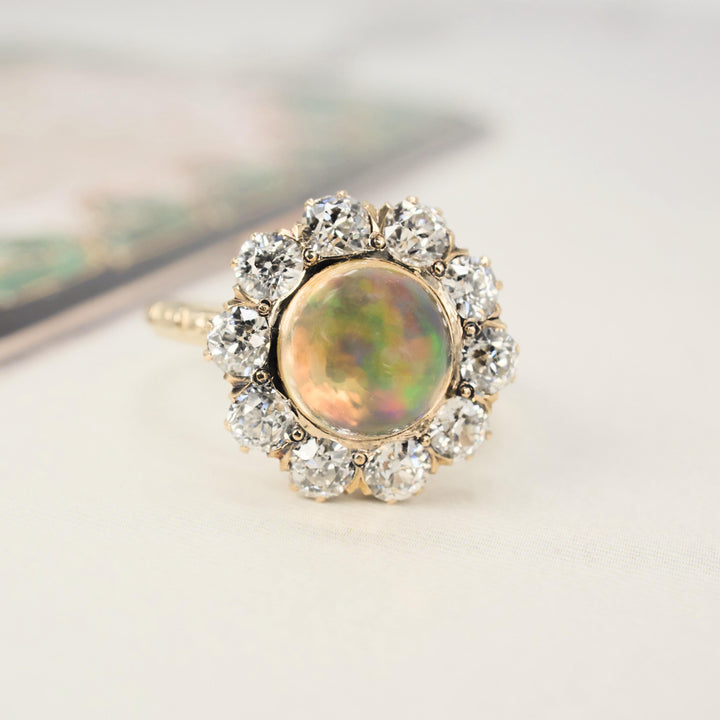 Victorian Jelly Opal and Old Mine Cut Diamond Cluster Ring