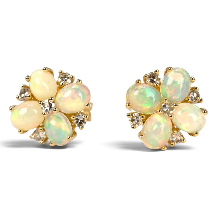 14K Yellow Gold Ethiopian Opal and Diamond Cluster Stud Earrings