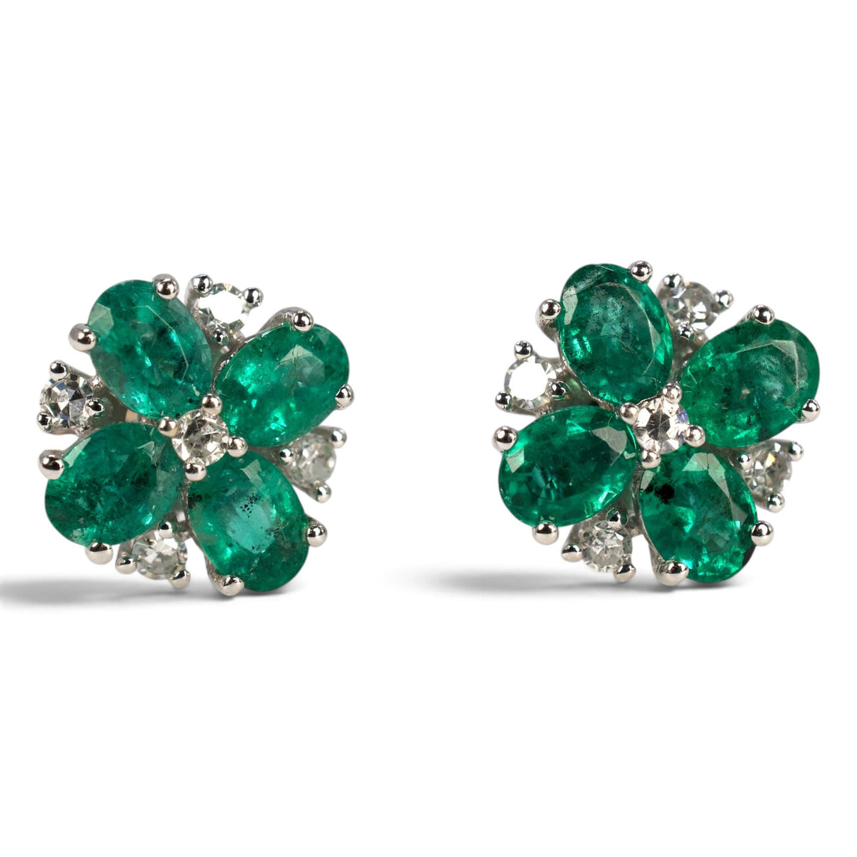 Emerald and Diamond Flower Cluster Stud Earrings in White Gold