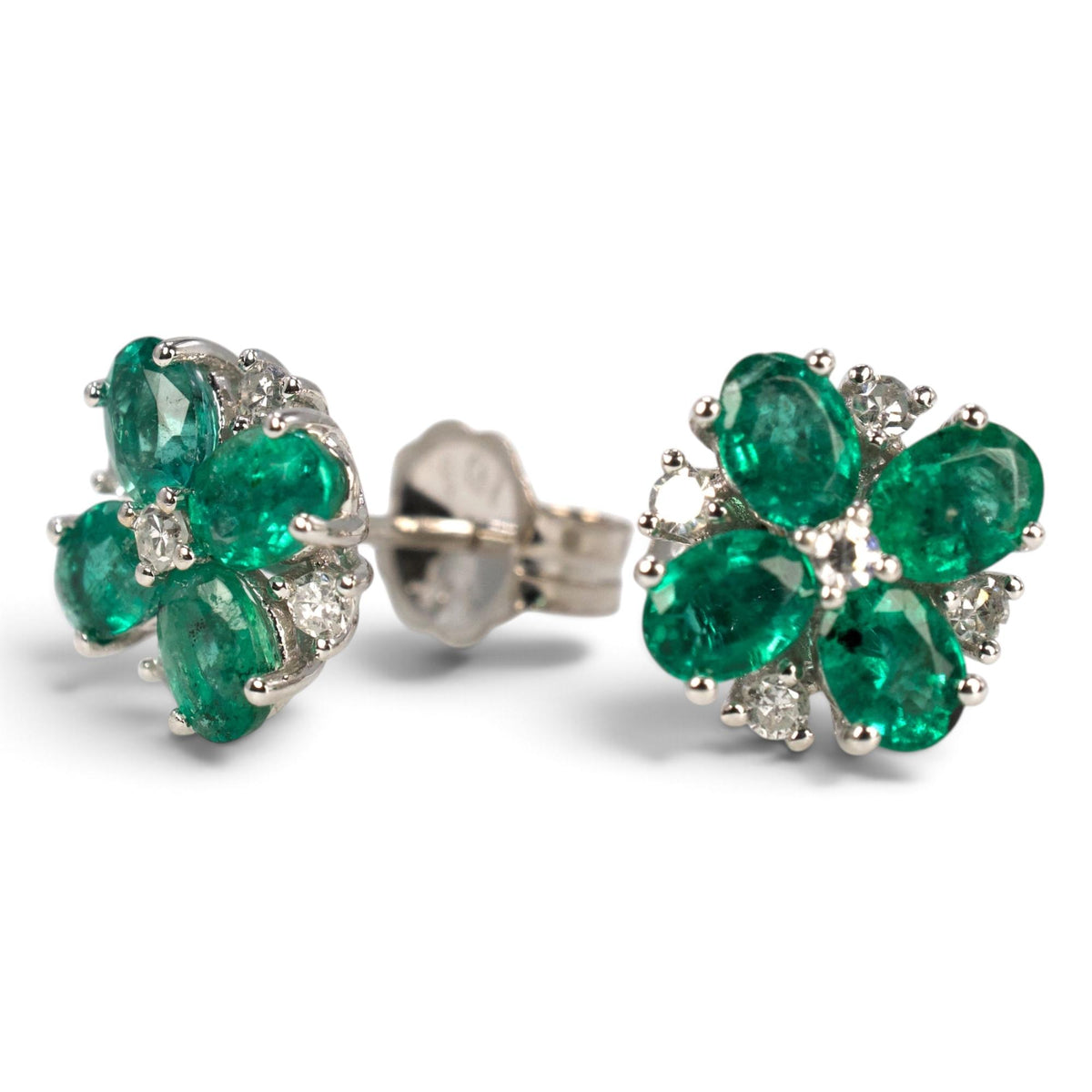 Emerald and Diamond Flower Cluster Stud Earrings in White Gold