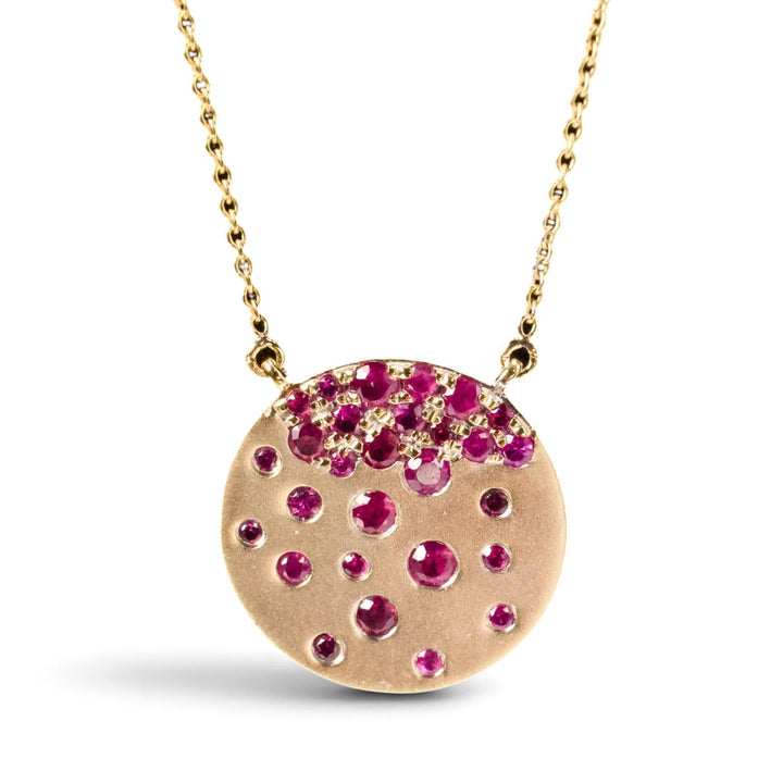 14K Yellow Gold Ruby Scattered Confetti Disc Necklace