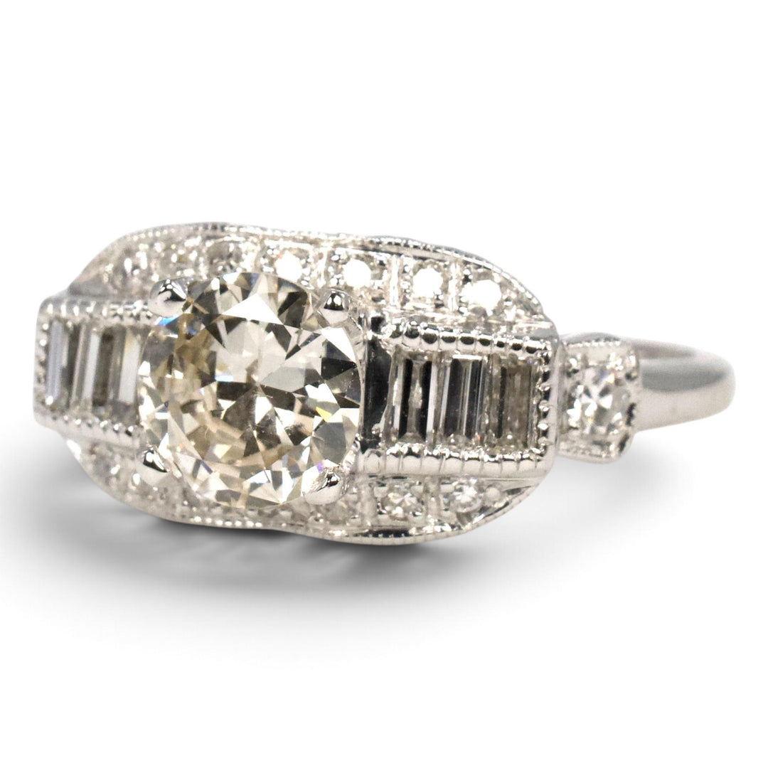 Art Deco 14K White Gold 0.95 Carat Old European Cut Diamond Ring