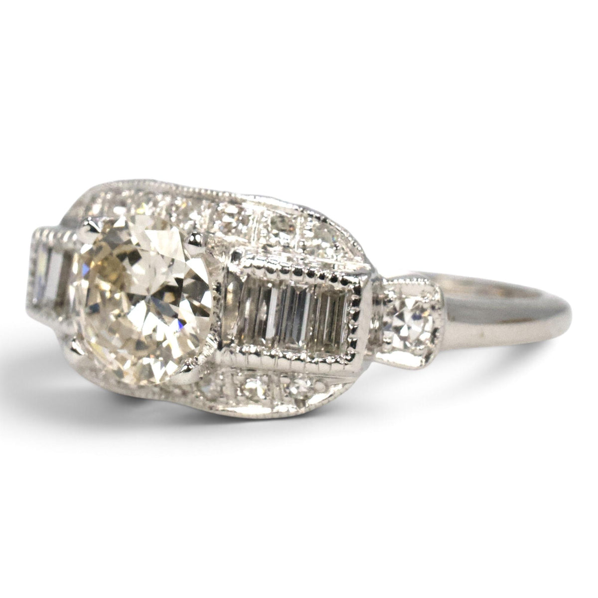 Art Deco 14K White Gold 0.95 Carat Old European Cut Diamond Ring