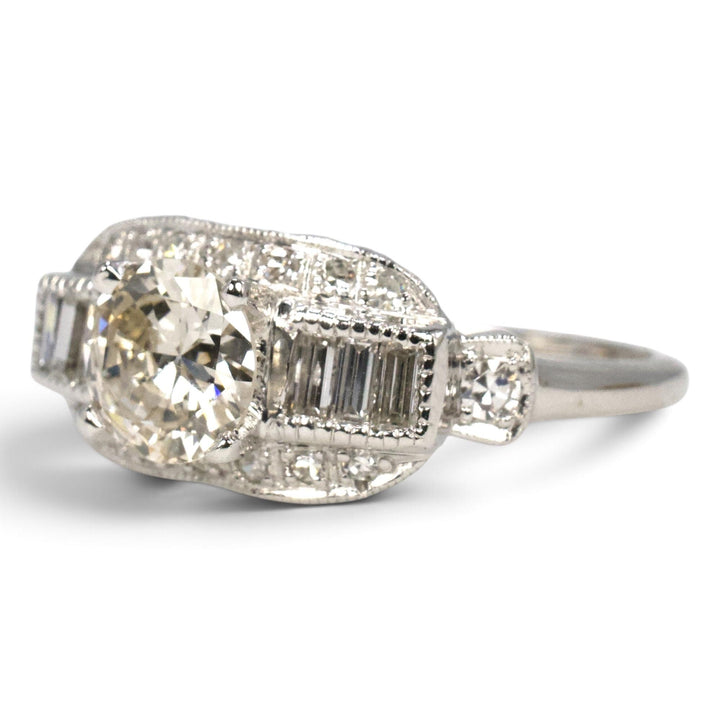 Art Deco 14K White Gold 0.95 Carat Old European Cut Diamond Ring