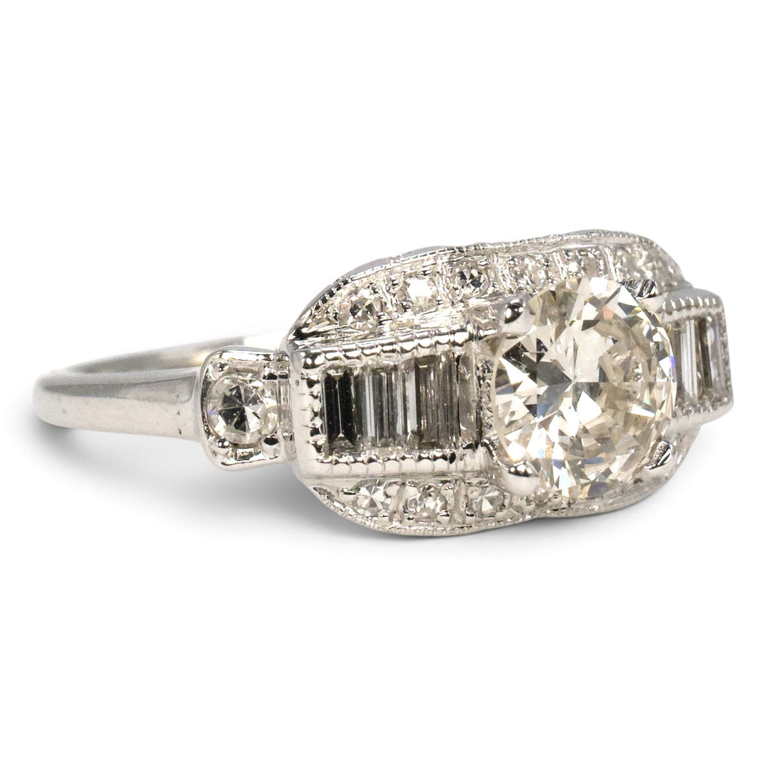 Art Deco 14K White Gold 0.95 Carat Old European Cut Diamond Ring