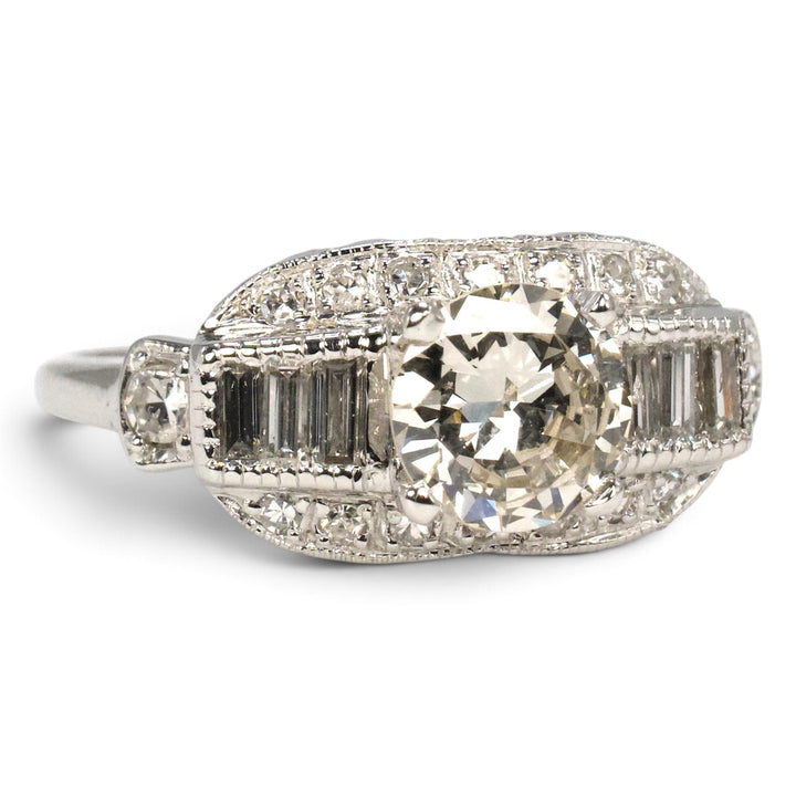 Art Deco 14K White Gold 0.95 Carat Old European Cut Diamond Ring