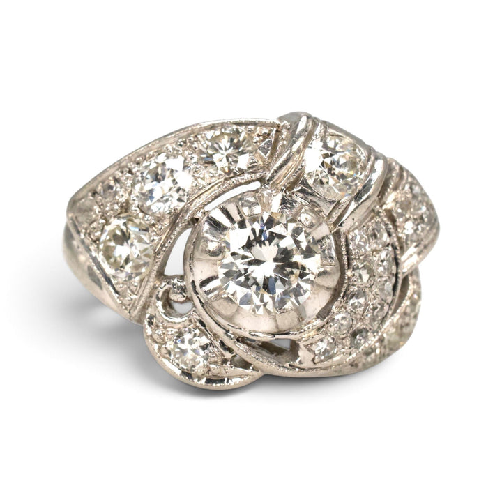 Art Deco Platinum Transitional Cut Diamond Ribbon Swirl Ring