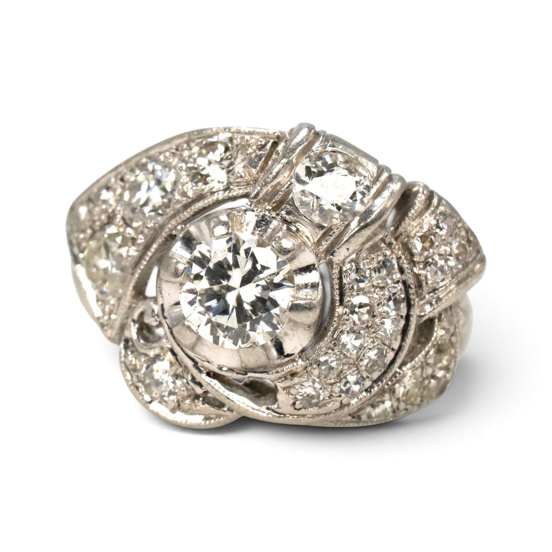 Art Deco Platinum Transitional Cut Diamond Ribbon Swirl Ring