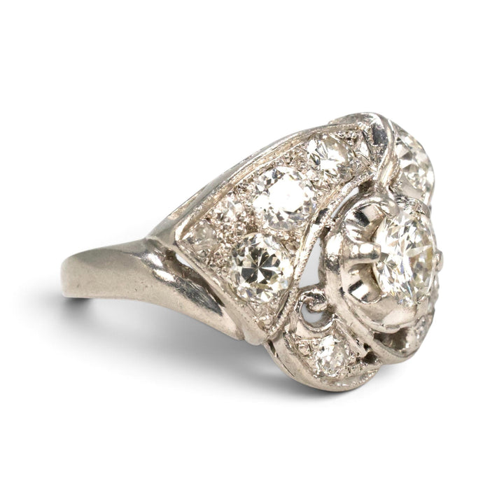 Art Deco Platinum Transitional Cut Diamond Ribbon Swirl Ring