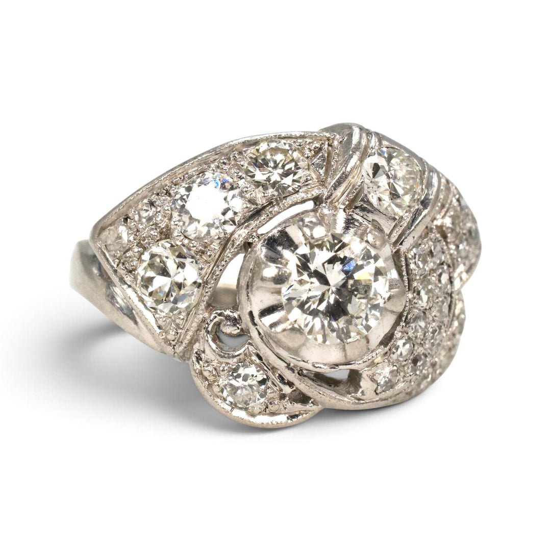 Art Deco Platinum Transitional Cut Diamond Ribbon Swirl Ring