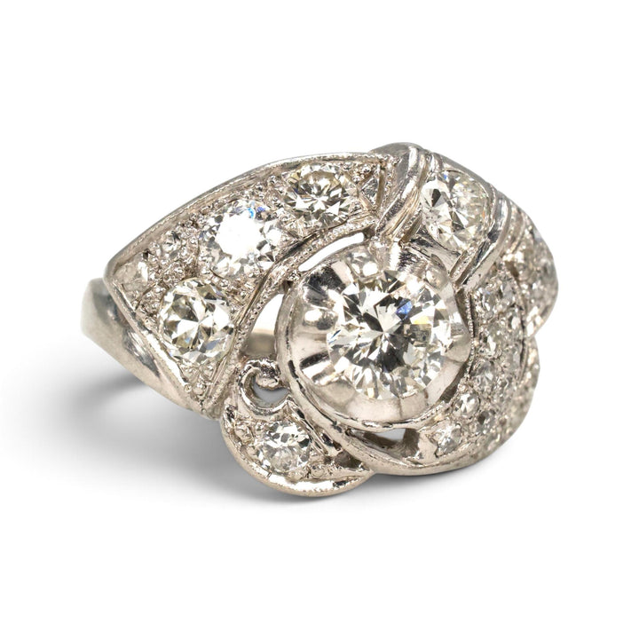 Art Deco Platinum Transitional Cut Diamond Ribbon Swirl Ring